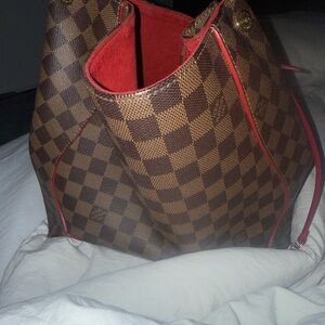 Brown Checkered Tote Bag with Red Trim